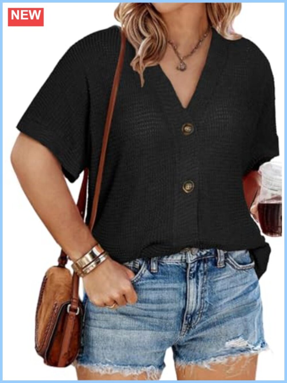 Plus Size Waffle Knit Button Down Shirt V Neck Short Sleeve Top